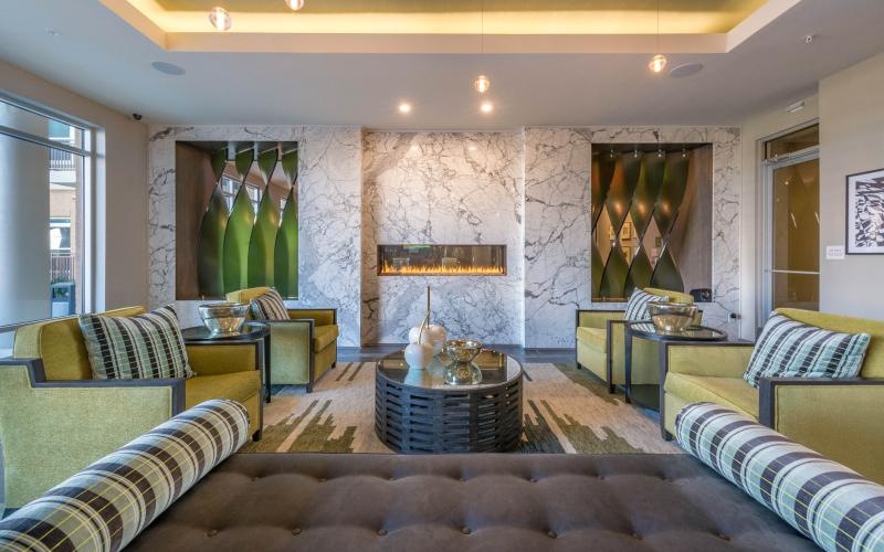 a lounge room with a marble wall fireplace and couches